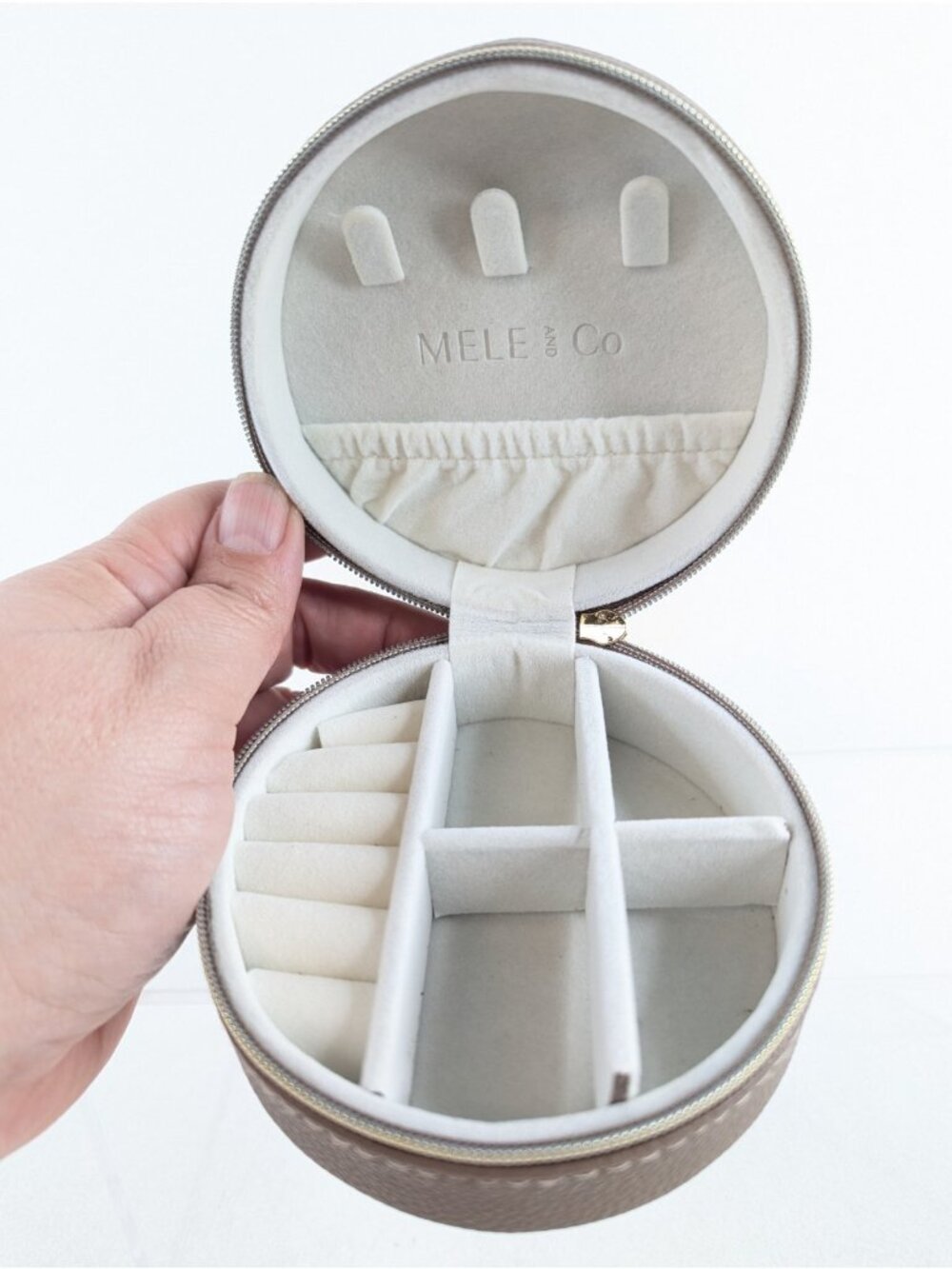 Mele & Co Round Travel Jewelry Box Brown Leather Organizer Case - NIB